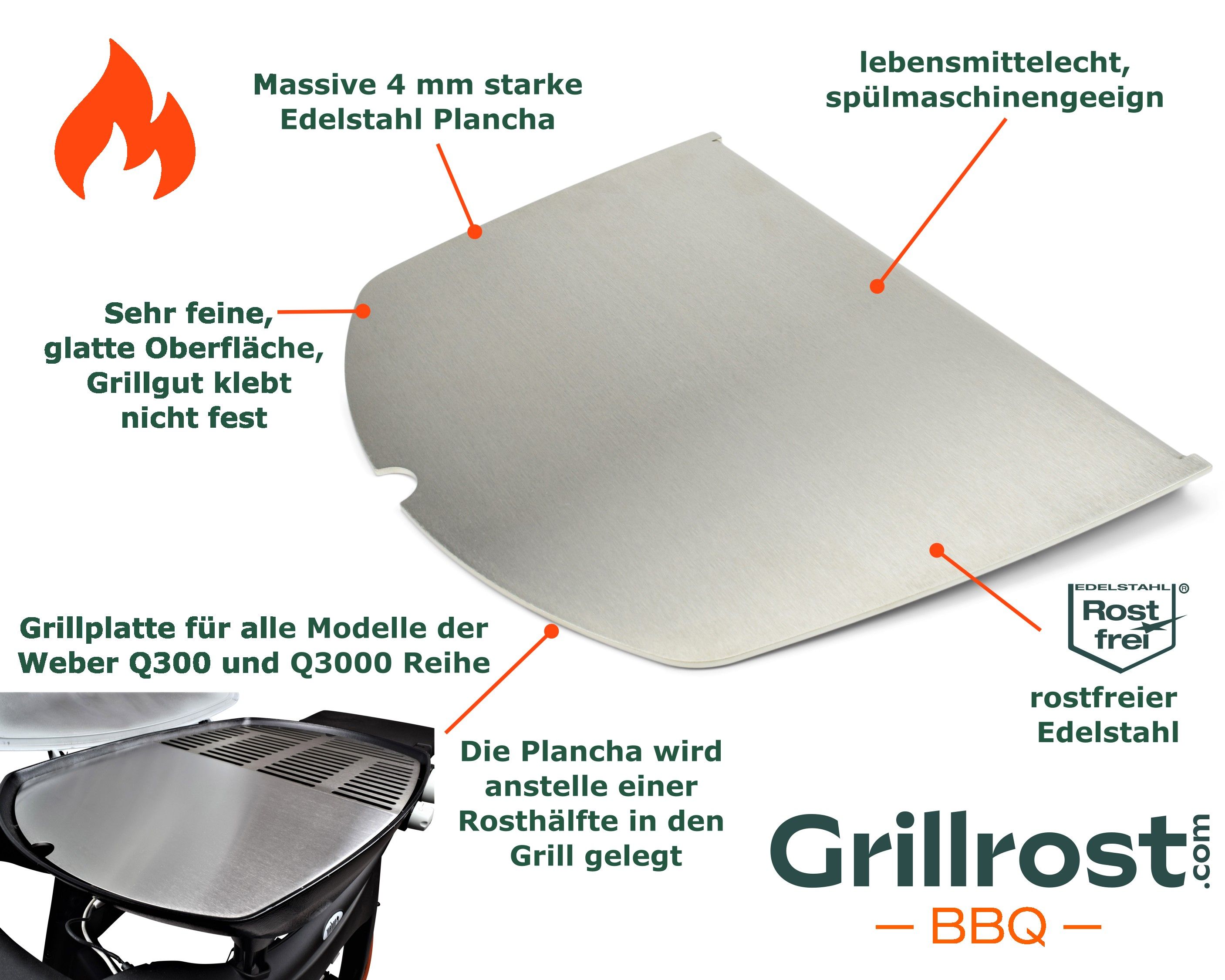 Stainless Steel Plancha for Weber Grill plate Q300 and Q3000 models